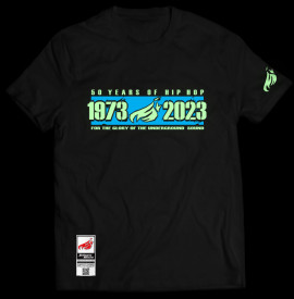 Johnny Blaze T-shirt - 50 Years of Hip Hop 1973 - 2023 Black White Blue / Glow in the Dark