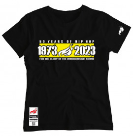 Johnny Blaze Girl T-shirt -  50 Years of Hip Hop 1973 - 2023  [ Black White Yellow ]  Edition 3