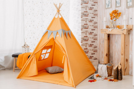Set Cort de joaca, Pumpkin teepee, 120x120x160 cm, salteluta, ghirlanda, 2 pernite si kit fixare
