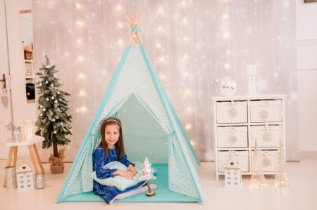 Set Cort de joaca, Gold Stars Teepee Mint, 110 x 110, salteluta, 2 pernite si kit fixare