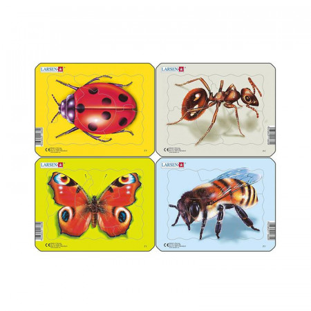 Set 4 Puzzle mini Insecte cu Albina, Buburuza, Fluture, Furnica, orientare tip vedere, 5 piese, Larsen