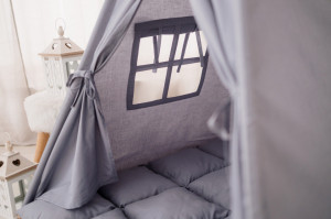 Set Cort de joaca, teepee, Light Grey, 110x110x150 cm, salteluta, ghirlanda, 2 pernite si kit fixare