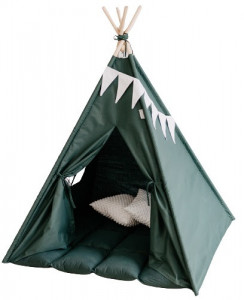 Set Cort de joaca, teepee, Dark Green, 120x120x150 cm, salteluta, ghirlanda, 2 pernite si kit fixare