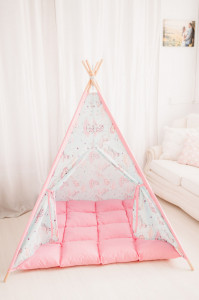 Set Cort de joaca teepee, Unicorn Heaven Pink, 120 x 120, salteluta si kit fixare