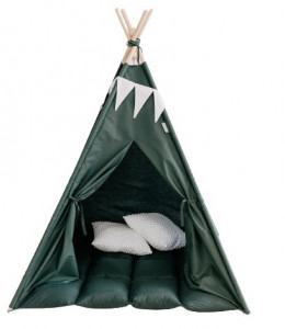 Set Cort de joaca, teepee, Dark Green, 120x120x150 cm, salteluta, ghirlanda, 2 pernite si kit fixare