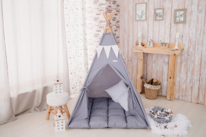 Set Cort de joaca, teepee, Light Grey, 110x110x150 cm, salteluta, ghirlanda, 2 pernite si kit fixare