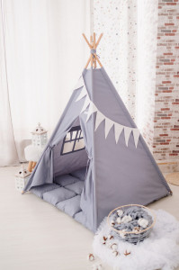 Set Cort de joaca, teepee, Light Grey, 110x110x150 cm, salteluta, ghirlanda, 2 pernite si kit fixare
