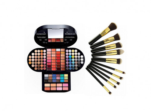 Pachet Promo: Trusa Profesionala Machiaj Miss Rose 130 Culori + Set 10 Pensule Machiaj + Borseta