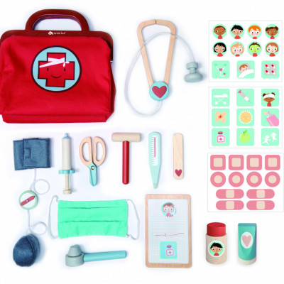 Geantă medic roșie - 16 instrumente medicale , din lemn premium