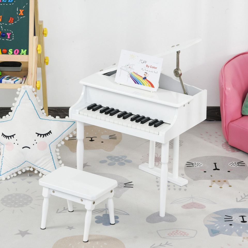 HOMCOM Mini piano infantil com banco 30 teclas com suporte para partitura  52x50x49 cm preto