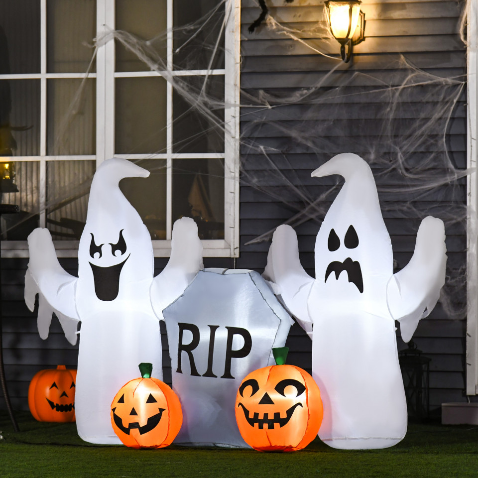 HOOMCOM Fantasmas Infláveis de Halloween com Luzes LED Decoração Inflável com Abóbora e Lápida para Interior Exterior 182x57x122cm Multicor