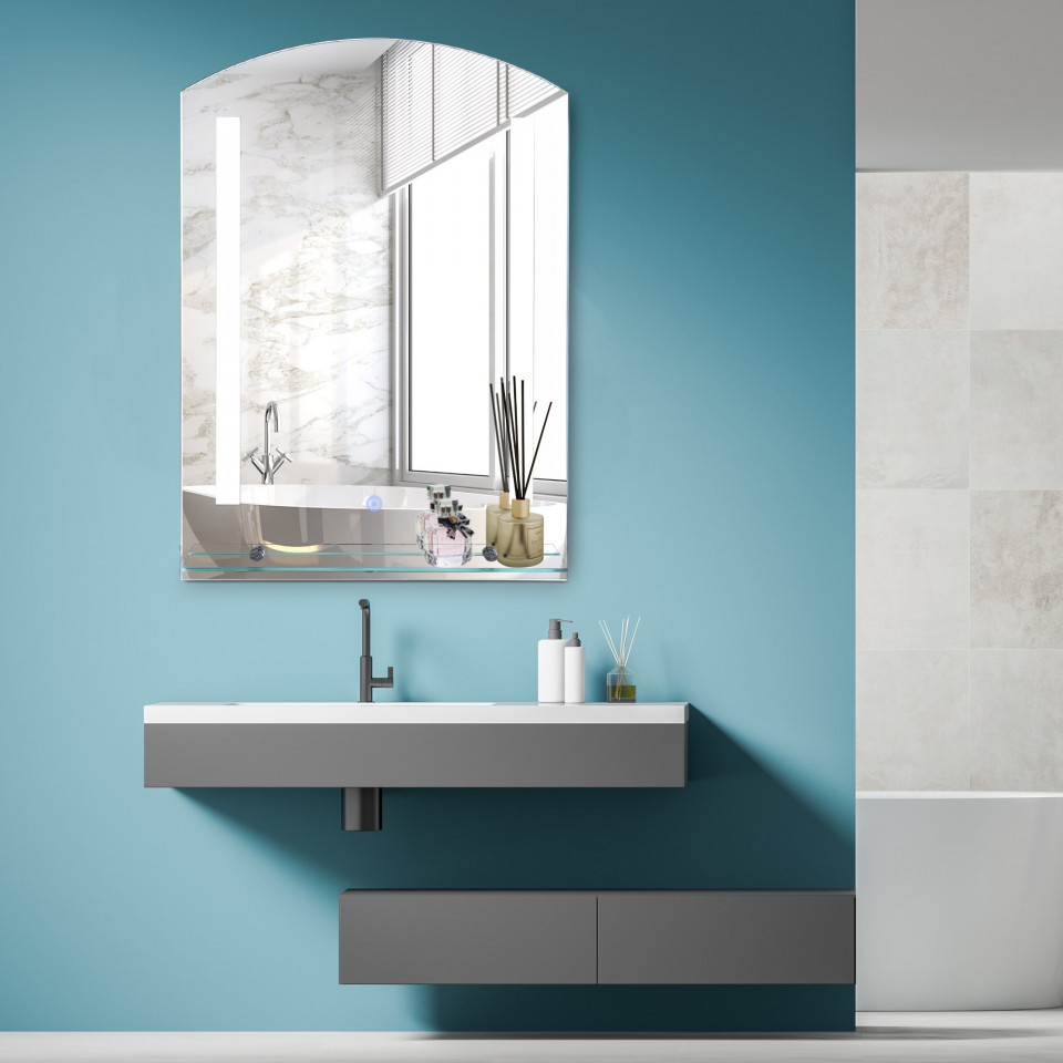Kleankin Espelho para banheiro com luz LED 16W Interruptor de toque e prateleira inferior Cabo de 1m Estrutura de alumínio 70x50x2,7 cm prata