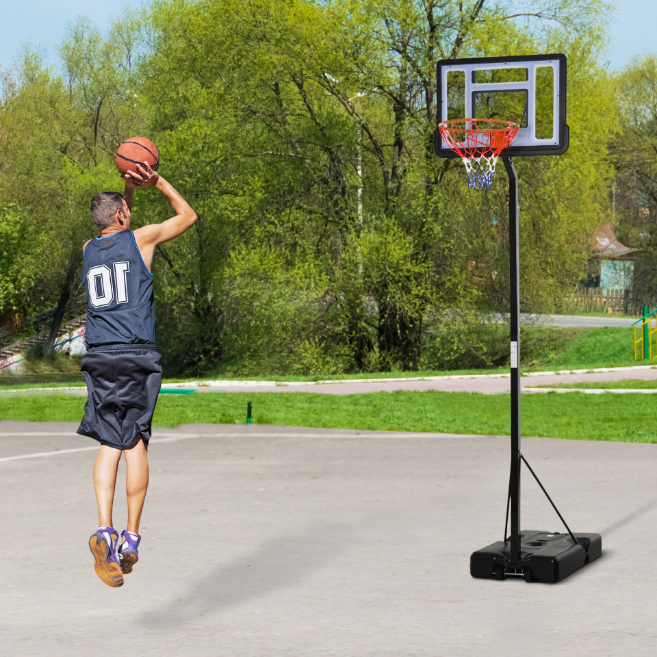 Tabela de basquetebol com suporte portátil Aro de cesta ajustável em altura base recarregável para crianças e adultos 86x153x25