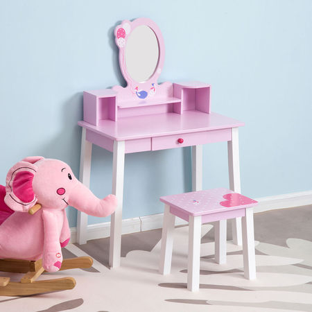 Conjunto de Toucador e banco para crianças Mesa de Maquilhagem Princesa  para Meninas com Espelho Rotativo 360° Removível 3 Gavetas Rosa e Branco
