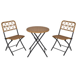 Outsunny Conjunto de mesa e 2 cadeiras dobráveis ​​de vime para jardim Estrutura de aço Φ60x71 cm e 46x56x83 cm Madeira natural