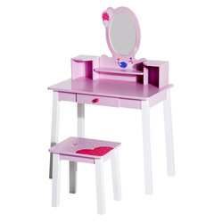 HomCom Toucador Infantil com Banco e Espelho tipo Princesa Mesa-de-Maquilhagem-de-Madeira -Cor-de-Rosa- 59 x 39 x 92 cm