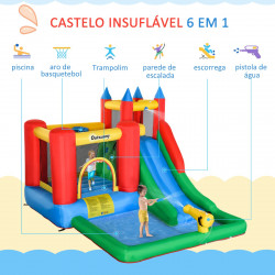 Outsunny Castelo Insuflável com Escorrega Trampolim Piscina e Pistola de Água para Crianças acima de 3 Anos com Inflador e Bolsa de Transporte para Interior Exterior 330x245x215cm Multicor