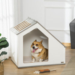 PawHut Casa de Madeira para Cães de Interior Casa para Animais de Estimação com Almofada Removível e Lavável com 5 Ventilações 84,5x54,5x75 cm Branco
