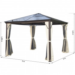 Outsunny tenda de Jardim tipo gazebo com Pára-ventos e Rede mosquiteira- Cor: Café e Creme- Alumínio, Policarbonato e Poliéster- 3 x 3 m