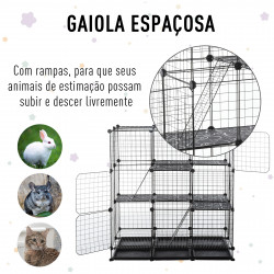 PawHut Gaiola para animais pequena DIY com 4 portas 6 bandejas 111x75x119 cm Preto