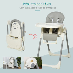 HOMCOM Cadeira de refeição ajustável e dobrável para bebê acima de 6 meses com bandeja dupla 55x80x104 cm Cinza