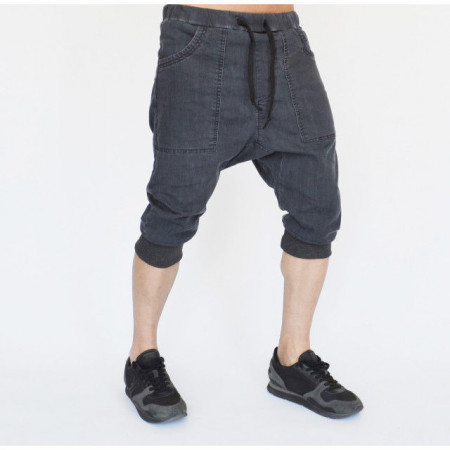 Men's denim drop crotch shorts front pockets