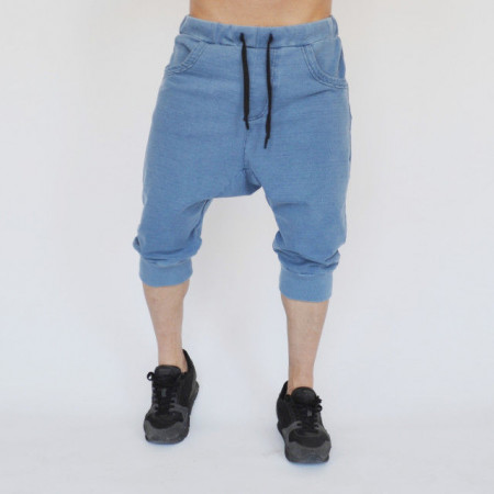 Men's blue denim joggers drop crotch shorts