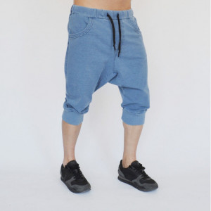 Men's blue denim joggers drop crotch shorts