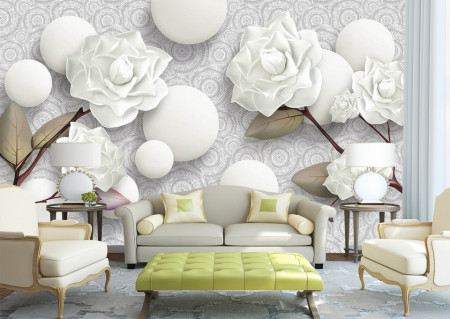 Fototapet 3D, Trandafiri albi și perle albe pe un fundal cu ornamente