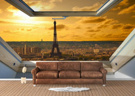 Fototapet, O fereastră cu Priveliște la Paris seara