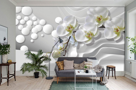 Fototapet 3D, Orhidee albă și sfere pe un perete abstract