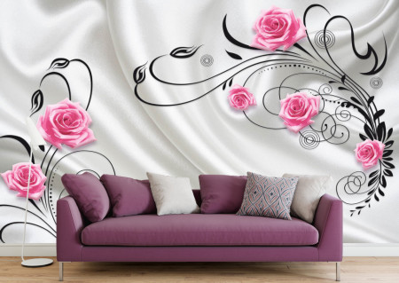 Fototapet 3D, Trandafiri roz pe un fundal alb