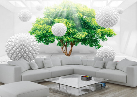 Fototapet 3D, Un copac verde și sfere albe