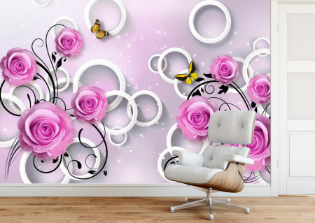 Fototapet 3D, Fantezie cu trandafiri violet și fluturi