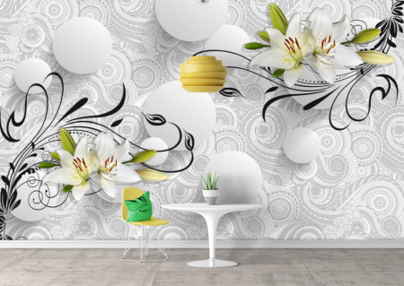 totapet 3D, Sfere cu flori pe un fundal alb