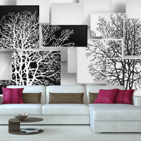 Fototapete 3D, Copaci alb negru pe un fundal abstract
