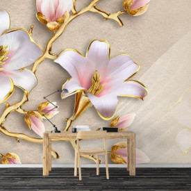 Fototapete 3D, Flori albe cu frunze le de aur pe un fundal bej