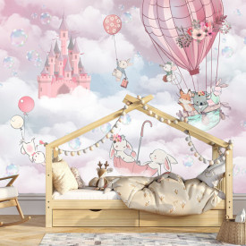 Tapet foto pentru copii, Iepurași și alte animale drăguțe pe cerul roz și castelul de basm