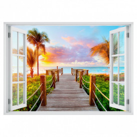 Stickere pentru pereți, Fereastra cu vedere spre o plajă cu palmieri la apus de soare