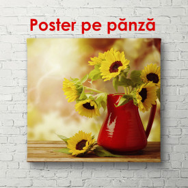 Poster, Buchet de floarea-soarelui într-o vază roșie