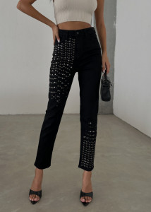 Blugi mom fit cu aplicatii pe picior