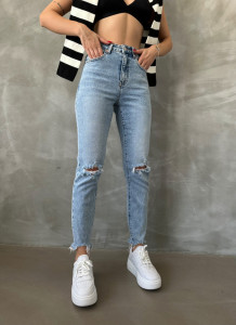 Blugi mom fit elastici cu rupturi