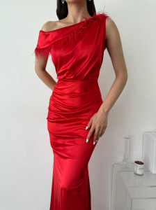 Rochie lunga din satin cu pene Cod:R8881