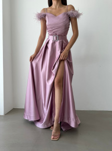 Rochie lunga din satin cu pene Cod:RD8982