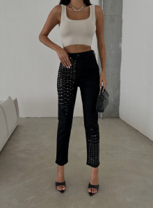 Blugi mom fit cu aplicatii pe picior