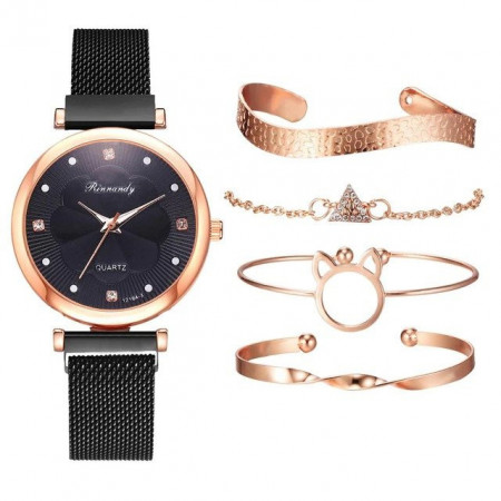 Set cadou cu ceas de dama Rinnandy negru cu patru bratari