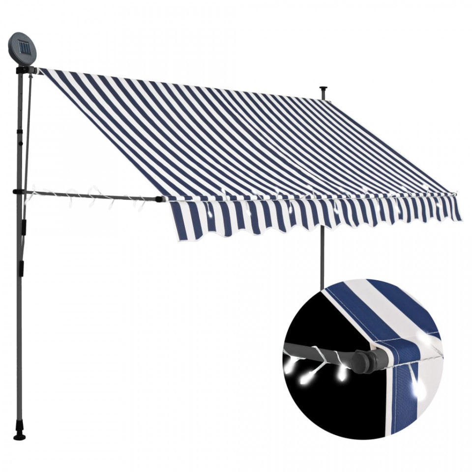 Copertină retractabilă manual cu led, albastru   alb, 250 cm