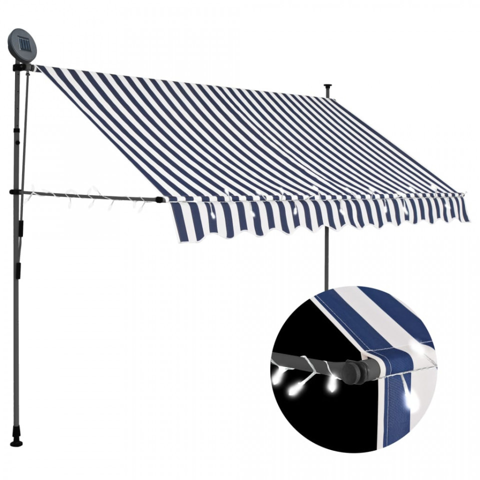 Copertină retractabilă manual cu led, albastru   alb, 300 cm
