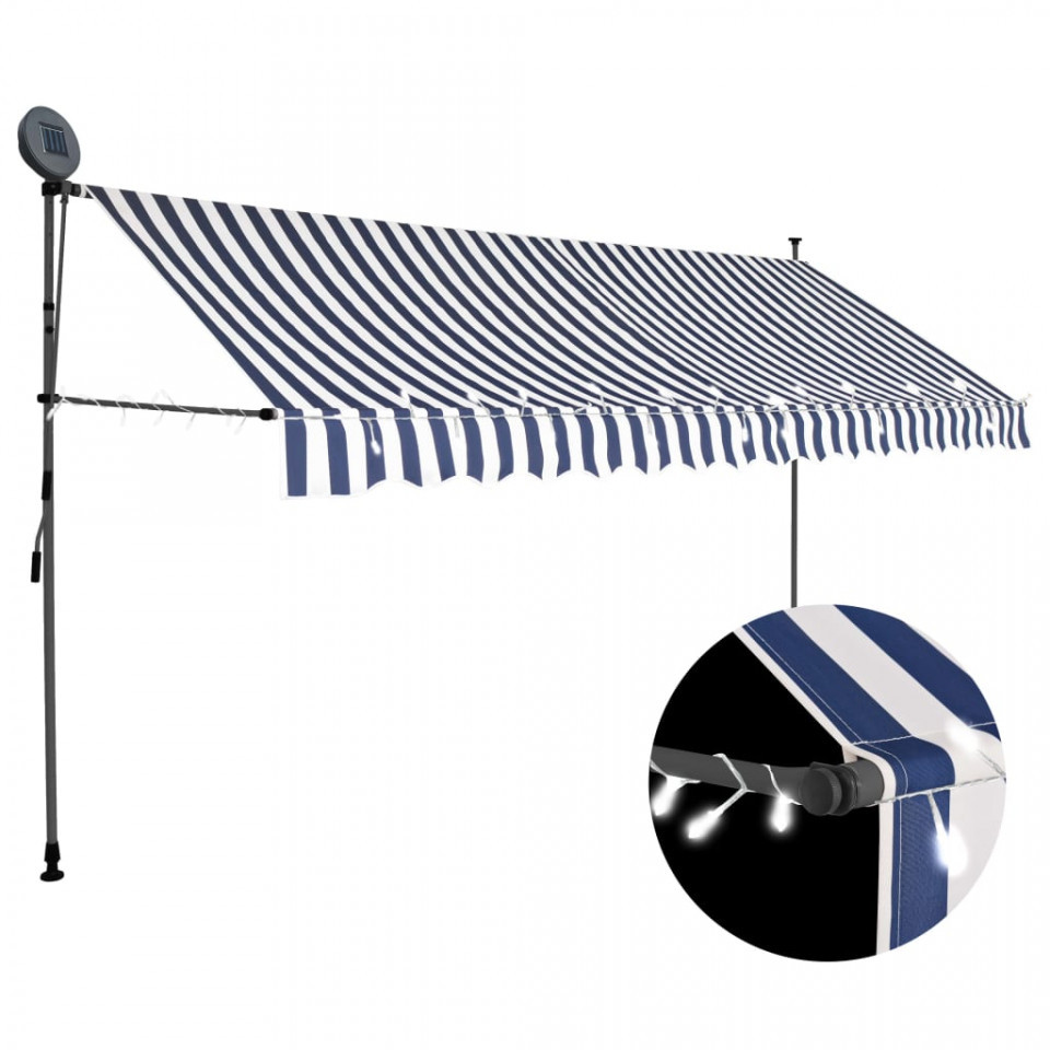 Copertină retractabilă manual cu led, albastru   alb, 350 cm