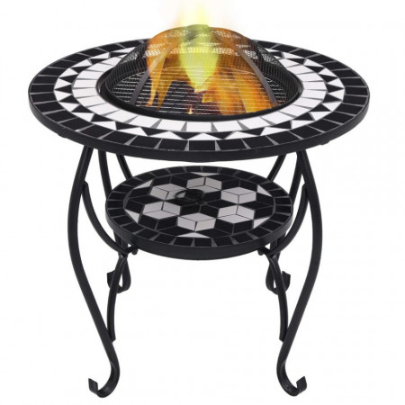 Masă cu vatră de foc, mozaic, negru și alb, 68 cm, ceramică